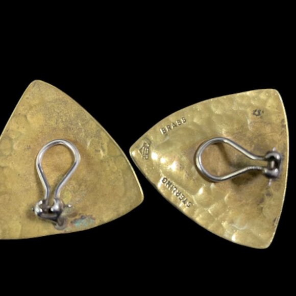 Vintage Jeep Collins Triangle Earrings Sterling Silver Brass Modernist Clip On - Picture 5 of 16